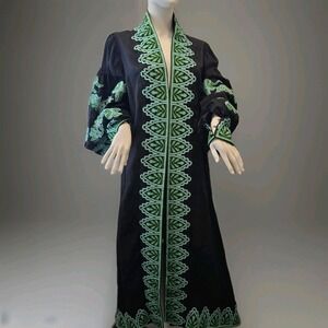 Ukraine Embroidery Black Linen Vyshyvanka Coat Dress Green Embroidered OS